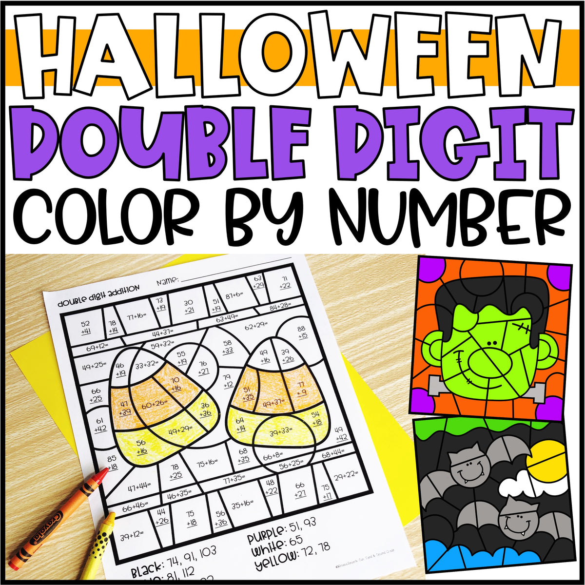 Halloween Math Color by Code Pictures Double Digit Addition & Subtract ...
