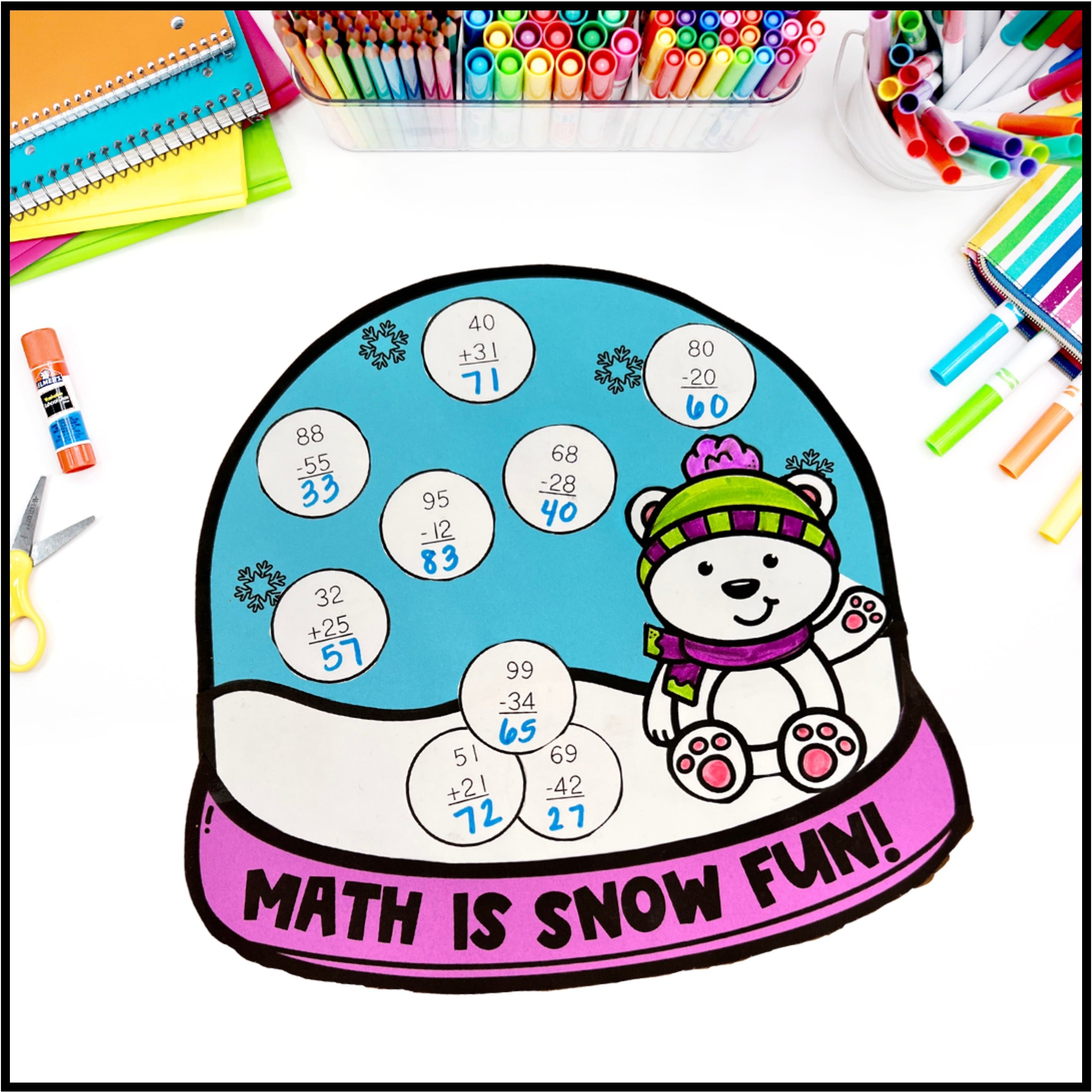 Snow Math Exercites Winter Addition & Subtraction Activity | Snow Globe Math Craft ...