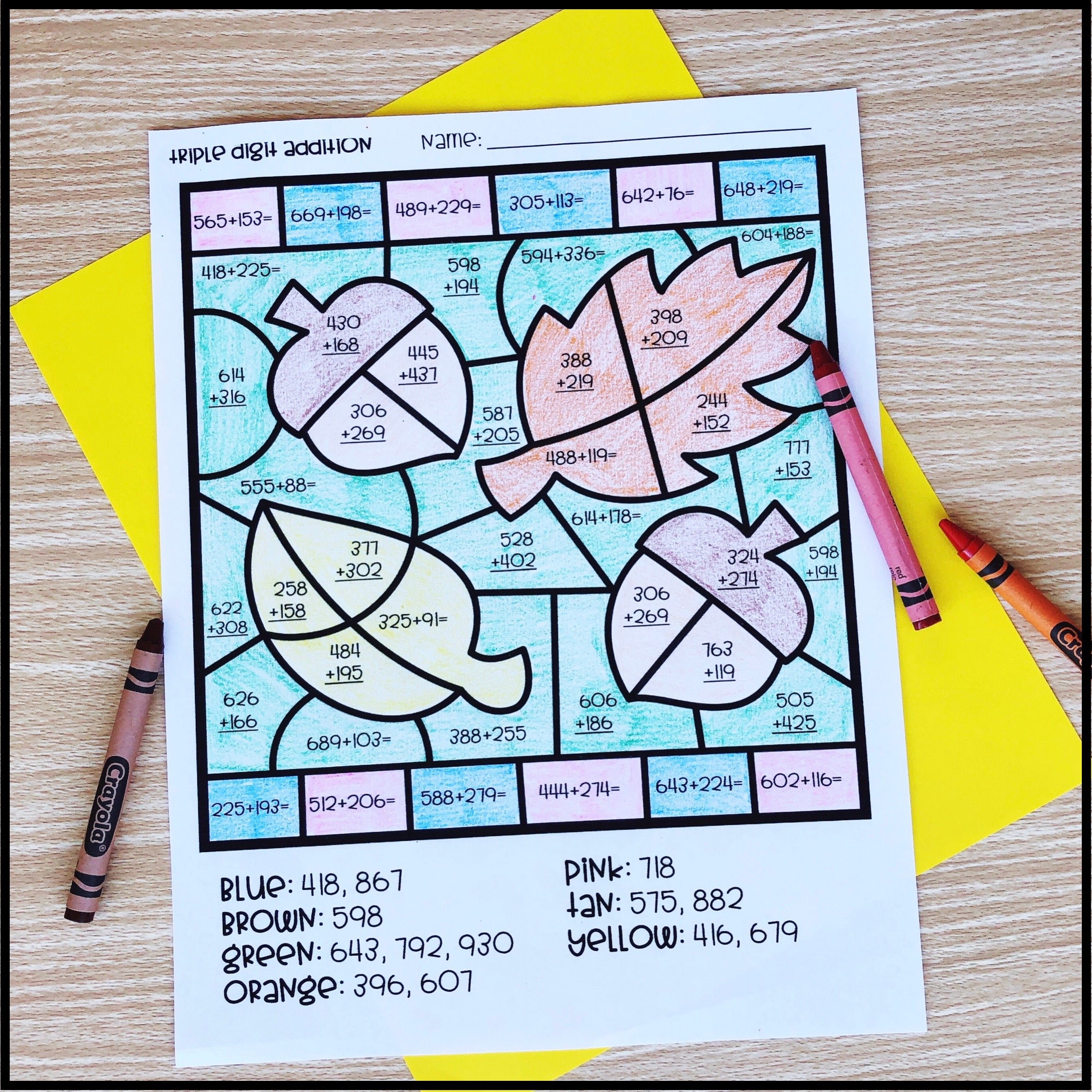 Fall Math Colo Fall Math Color by Code Pictures Triple Digit Addition & Subtraction ...