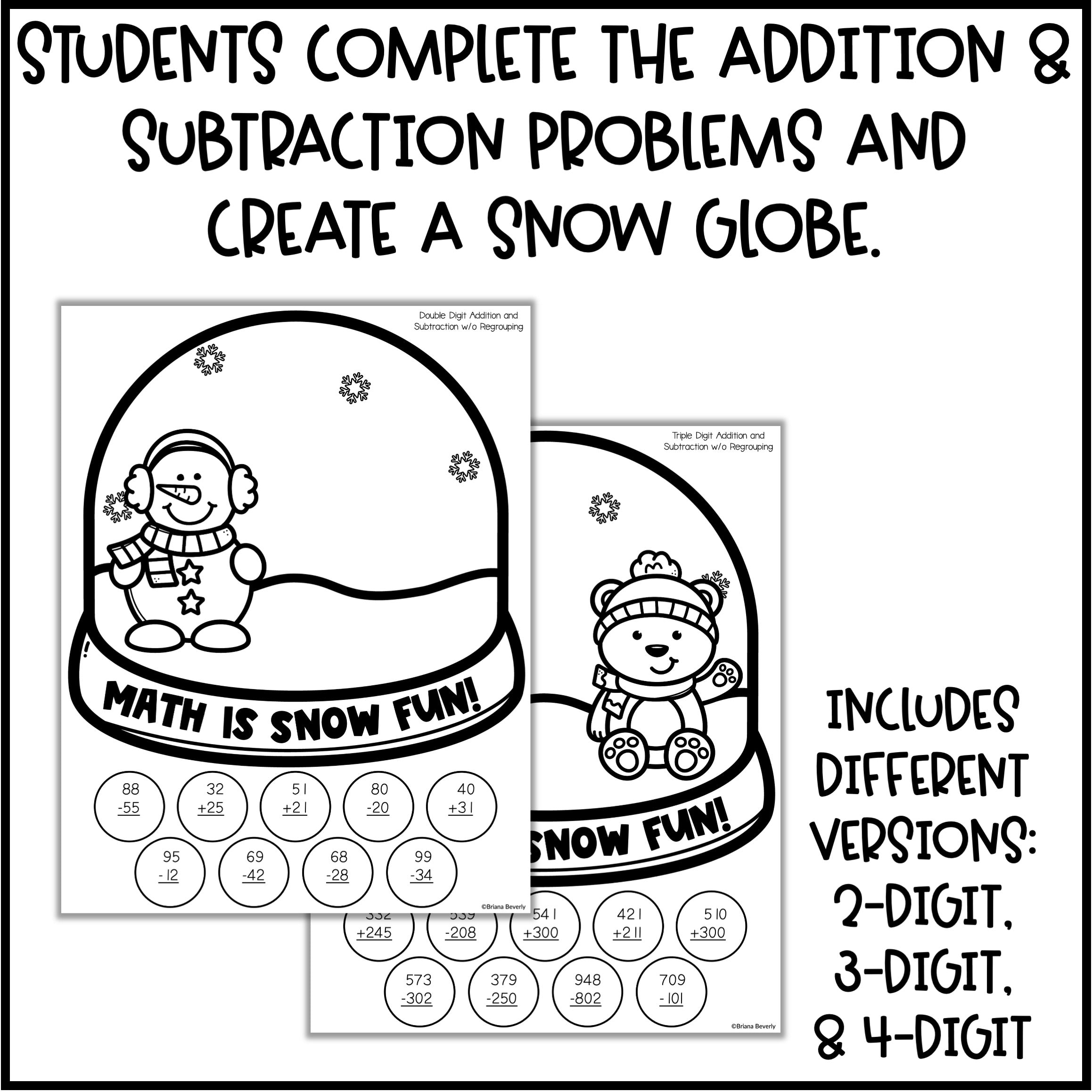 Snow Math Exercites Winter Addition & Subtraction Activity | Snow Globe Math Craft ...