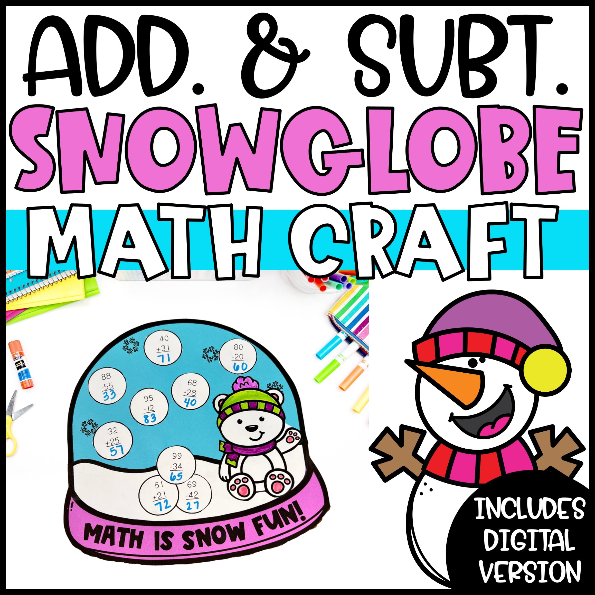 Snow Math Exercites Winter Addition & Subtraction Activity | Snow Globe Math Craft ...